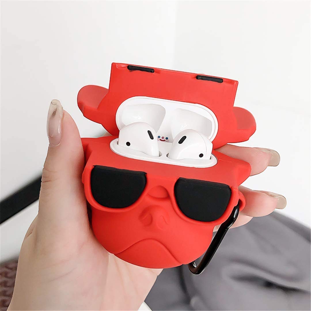 Meyaar Silicon Case Cover with Carabiner Hook for AirPods 1 & 2 (Red Dog)
