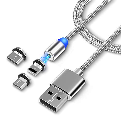Meyaar 3 in 1 Magnetic Phone Charging Cable 2A Nylon Braided Cord, Compatible with Micro-USB Type-C i0S Devices (3.3 Ft) (Silver)