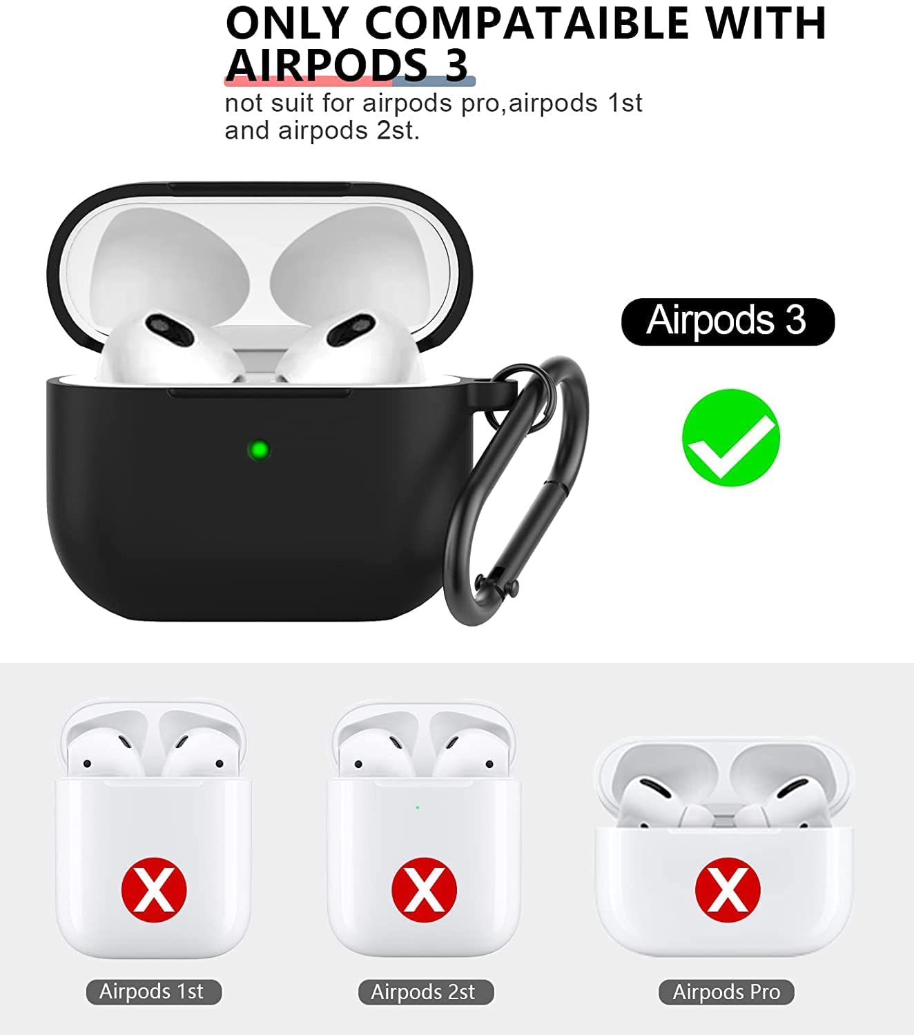 Meyaar Silicone Basic Cover Compatible with Airpods 3rd Generation Case (2021) With Metal Hook